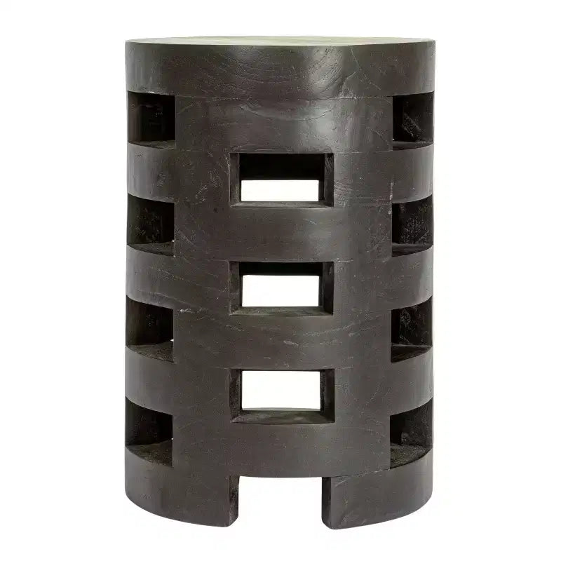 Storied Home Round Mindi Wood Stool with Textured Surface, Black