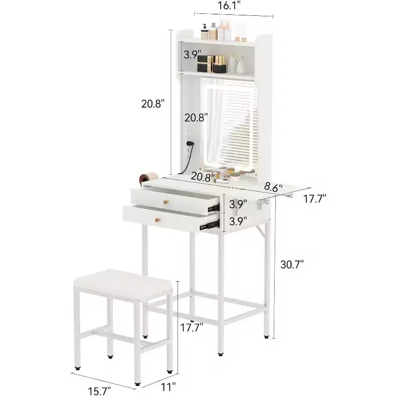 Small Makeup Vanity Desk Set with Mirror, Mini Makeup Vanity w/Adjustable Lighted, 2 Drawers, Hair Dryer Holder for Small Bedrooms, Apartments