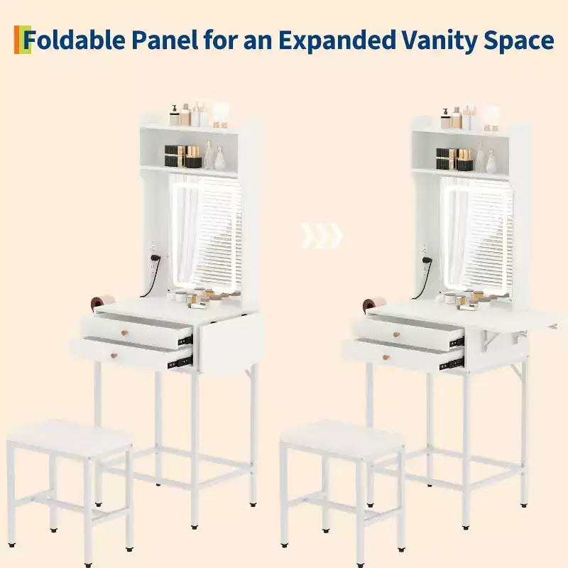 Small Makeup Vanity Desk Set with Mirror, Mini Makeup Vanity w/Adjustable Lighted, 2 Drawers, Hair Dryer Holder for Small Bedrooms, Apartments