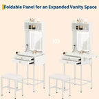 Small Makeup Vanity Desk Set with Mirror, Mini Makeup Vanity w/Adjustable Lighted, 2 Drawers, Hair Dryer Holder for Small Bedrooms, Apartments