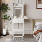 Small Makeup Vanity Desk Set with Mirror, Mini Makeup Vanity w/Adjustable Lighted, 2 Drawers, Hair Dryer Holder for Small Bedrooms, Apartments