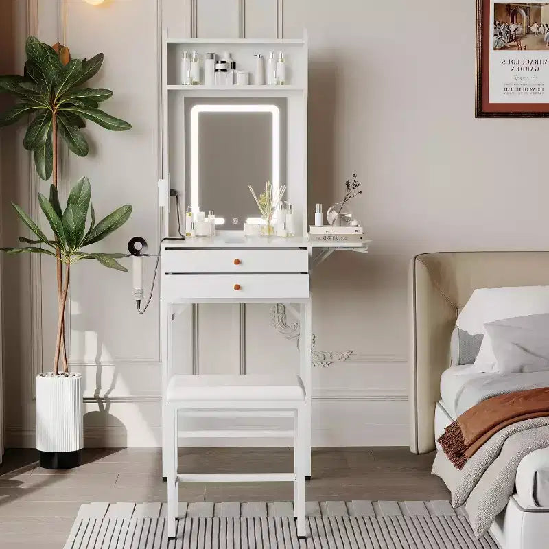 Small Makeup Vanity Desk Set with Mirror, Mini Makeup Vanity w/Adjustable Lighted, 2 Drawers, Hair Dryer Holder for Small Bedrooms, Apartments
