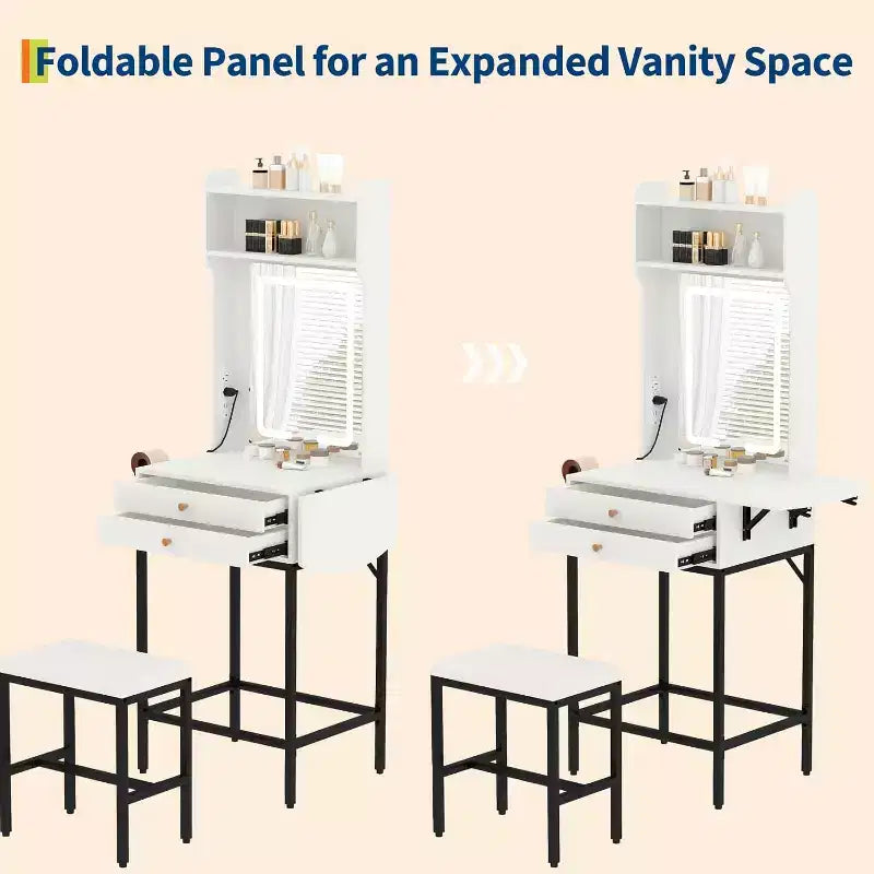 Small Makeup Vanity Desk Set with Mirror, Mini Makeup Vanity w/Adjustable Lighted, 2 Drawers, Hair Dryer Holder for Small Bedrooms, Apartments