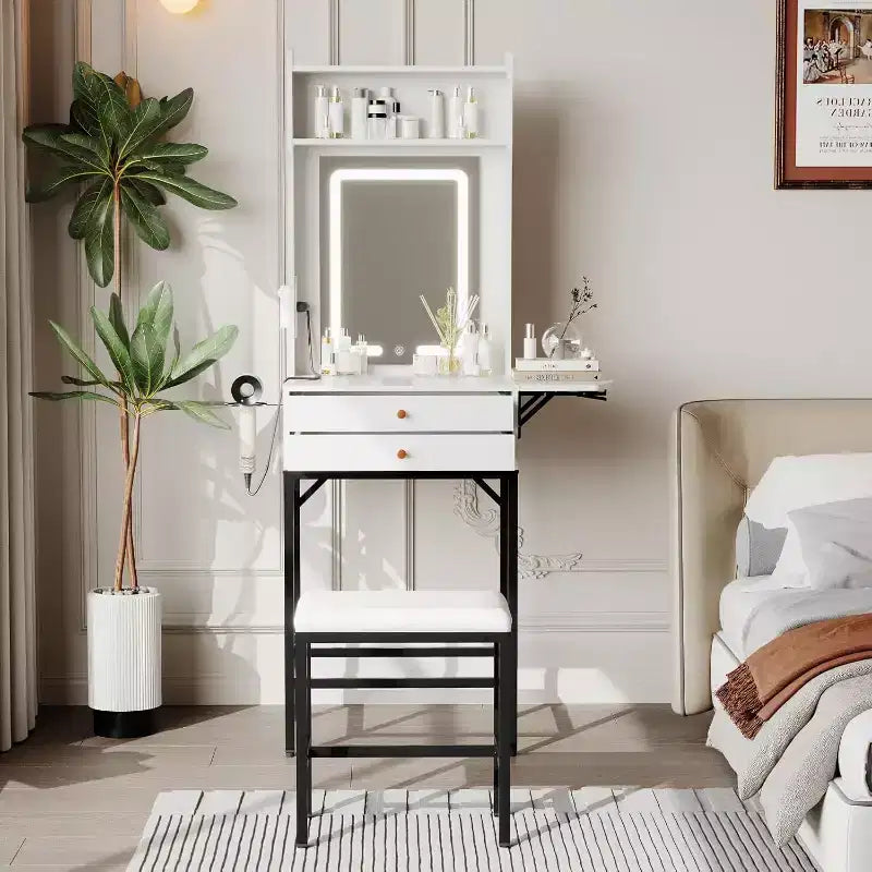 Small Makeup Vanity Desk Set with Mirror, Mini Makeup Vanity w/Adjustable Lighted, 2 Drawers, Hair Dryer Holder for Small Bedrooms, Apartments