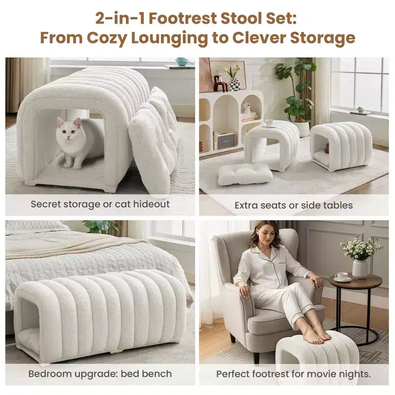 Hyleory Sgabello Poggiapiedi Facile da Collegare, Adatto agli Animali Domestici - Panca da Letto 2-in-1 e Tunnel Gioco con 2 Cuscinetti Rimovibili