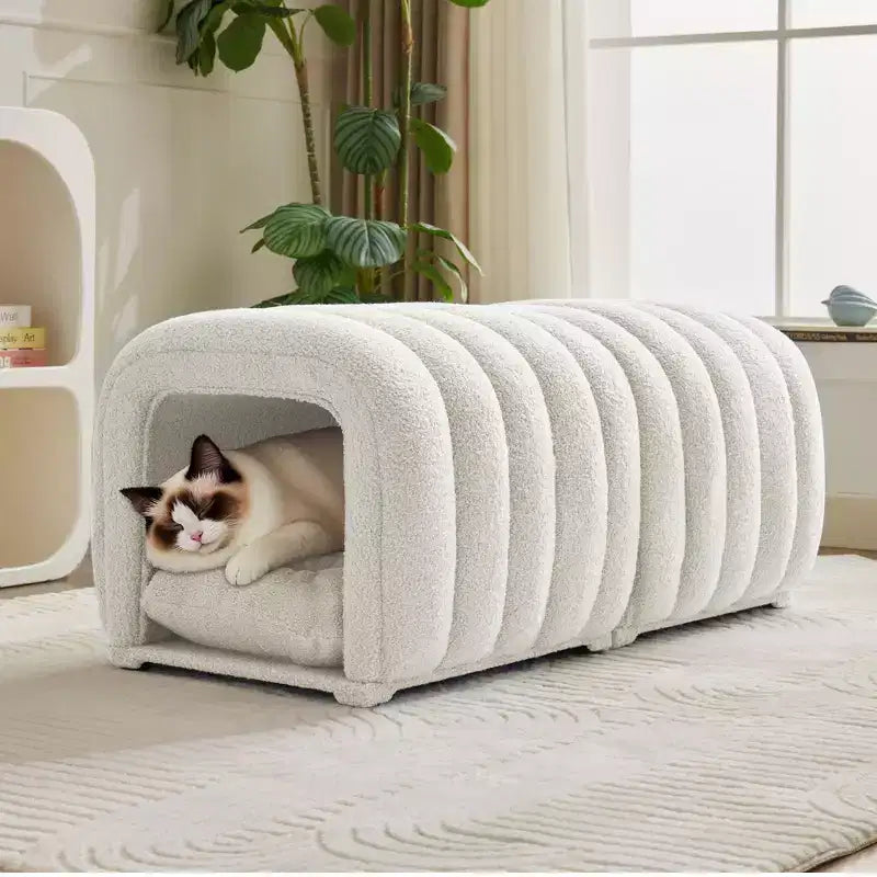 Hyleory Sgabello Poggiapiedi Facile da Collegare, Adatto agli Animali Domestici - Panca da Letto 2-in-1 e Tunnel Gioco con 2 Cuscinetti Rimovibili
