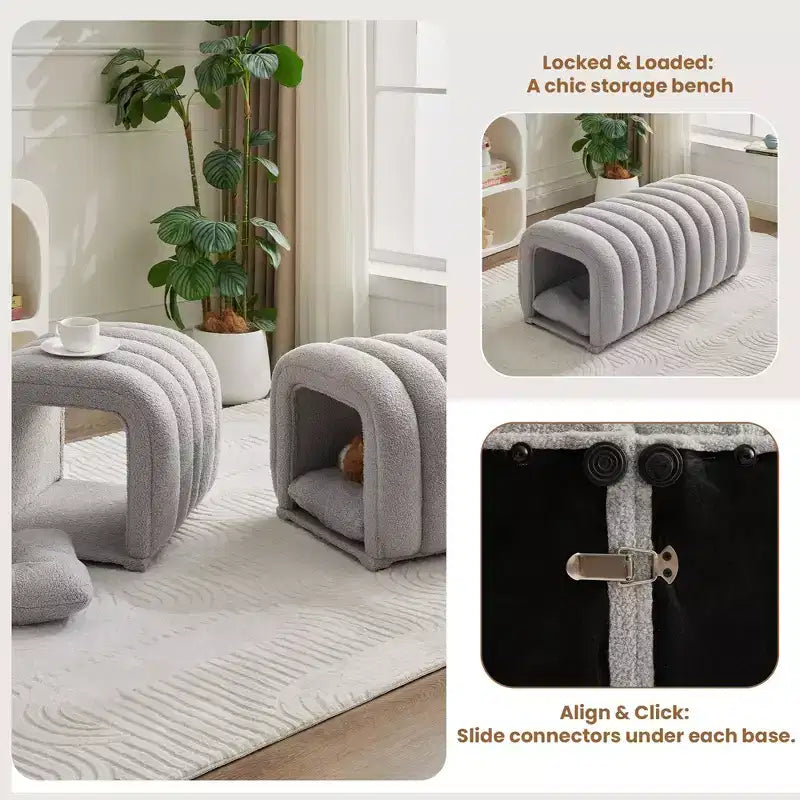 Hyleory Sgabello Poggiapiedi Facile da Collegare, Adatto agli Animali Domestici - Panca da Letto 2-in-1 e Tunnel Gioco con 2 Cuscinetti Rimovibili