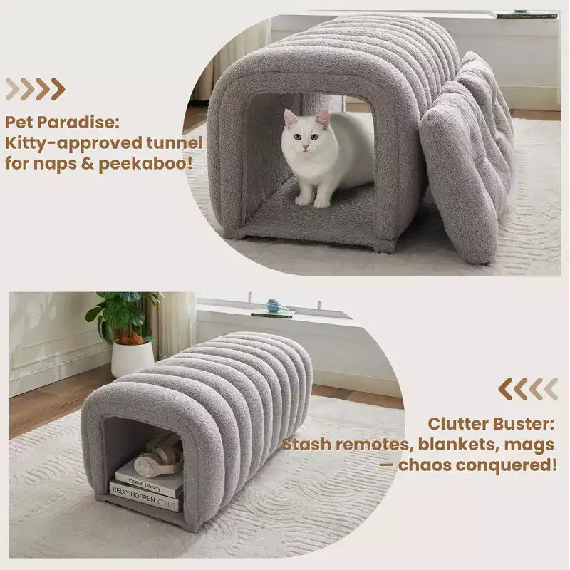 Hyleory Sgabello Poggiapiedi Facile da Collegare, Adatto agli Animali Domestici - Panca da Letto 2-in-1 e Tunnel Gioco con 2 Cuscinetti Rimovibili
