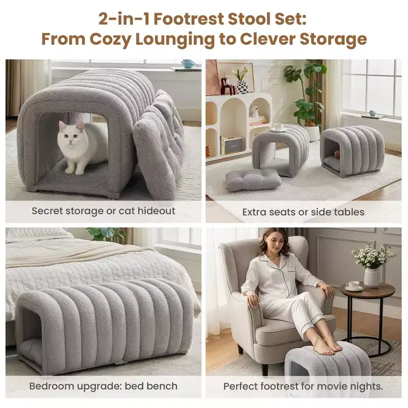 Hyleory Sgabello Poggiapiedi Facile da Collegare, Adatto agli Animali Domestici - Panca da Letto 2-in-1 e Tunnel Gioco con 2 Cuscinetti Rimovibili