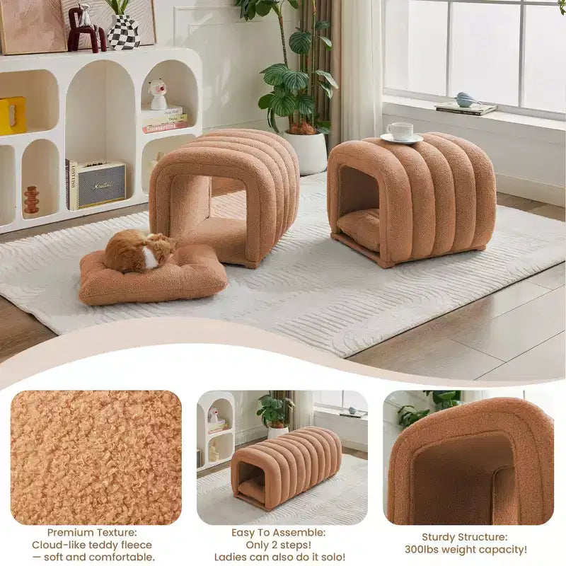 Hyleory Sgabello Poggiapiedi Facile da Collegare, Adatto agli Animali Domestici - Panca da Letto 2-in-1 e Tunnel Gioco con 2 Cuscinetti Rimovibili