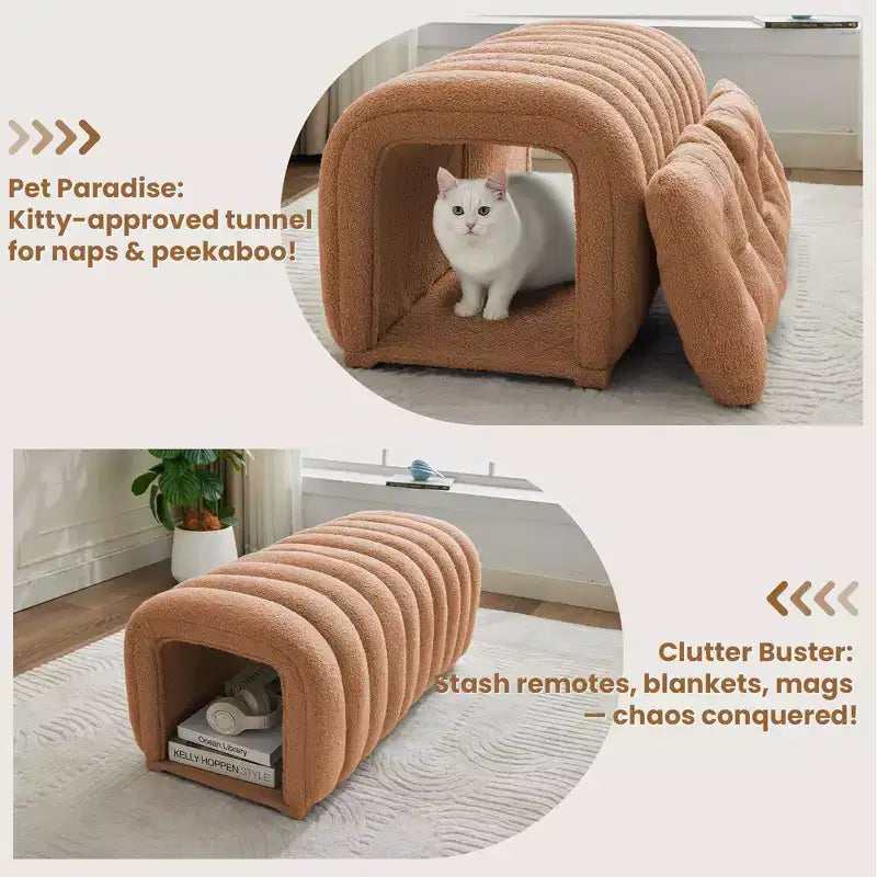Hyleory Sgabello Poggiapiedi Facile da Collegare, Adatto agli Animali Domestici - Panca da Letto 2-in-1 e Tunnel Gioco con 2 Cuscinetti Rimovibili