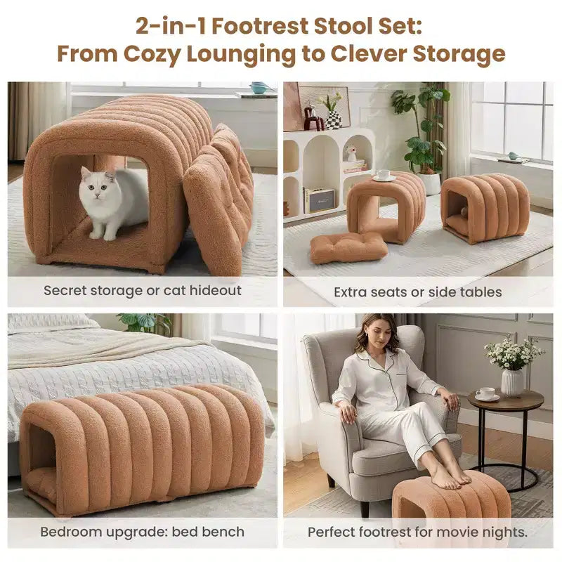 Hyleory Sgabello Poggiapiedi Facile da Collegare, Adatto agli Animali Domestici - Panca da Letto 2-in-1 e Tunnel Gioco con 2 Cuscinetti Rimovibili