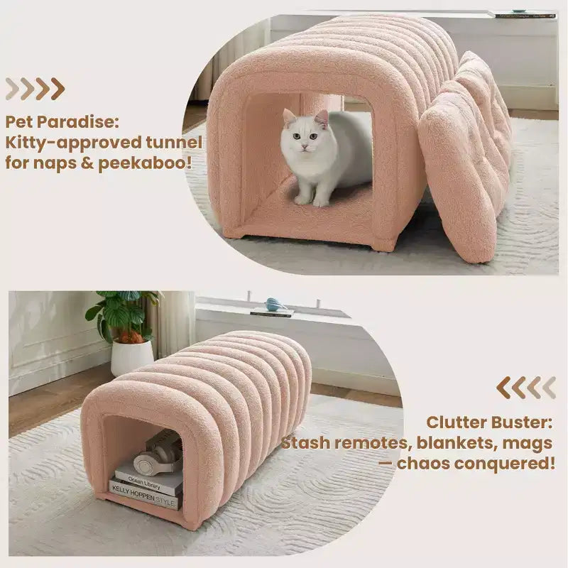 Hyleory Sgabello Poggiapiedi Facile da Collegare, Adatto agli Animali Domestici - Panca da Letto 2-in-1 e Tunnel Gioco con 2 Cuscinetti Rimovibili