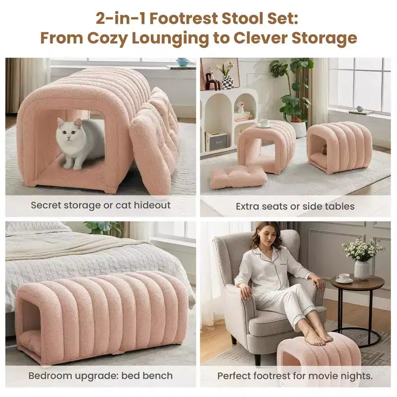 Hyleory Sgabello Poggiapiedi Facile da Collegare, Adatto agli Animali Domestici - Panca da Letto 2-in-1 e Tunnel Gioco con 2 Cuscinetti Rimovibili