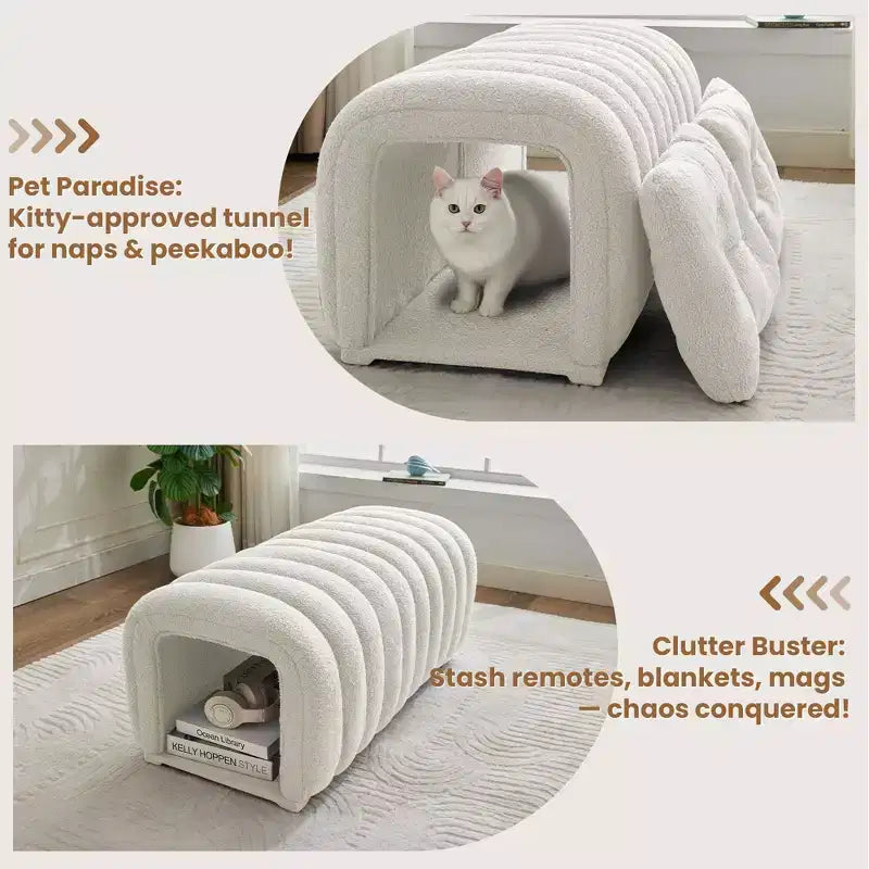 Hyleory Sgabello Poggiapiedi Facile da Collegare, Adatto agli Animali Domestici - Panca da Letto 2-in-1 e Tunnel Gioco con 2 Cuscinetti Rimovibili