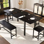 5-Piece Dining Table Set for 4-8 People, 63 Large Extendable Kitchen Table Set with 2 Benches and 2 Square Stools, Easy Assembly