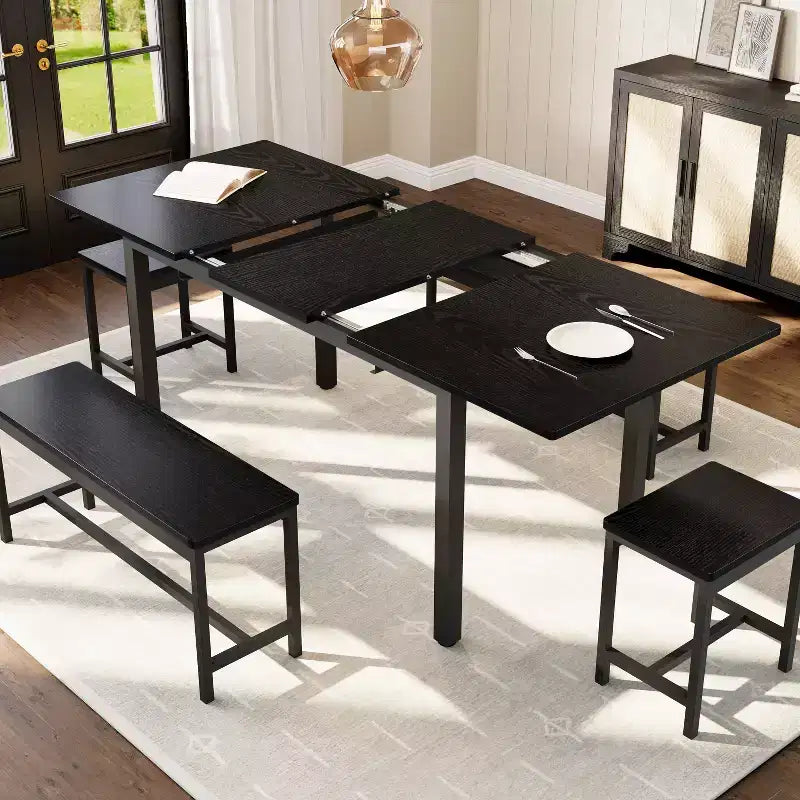 5-Piece Dining Table Set for 4-8 People, 63 Large Extendable Kitchen Table Set with 2 Benches and 2 Square Stools, Easy Assembly