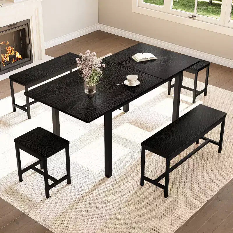 5-Piece Dining Table Set for 4-8 People, 63 Large Extendable Kitchen Table Set with 2 Benches and 2 Square Stools, Easy Assembly