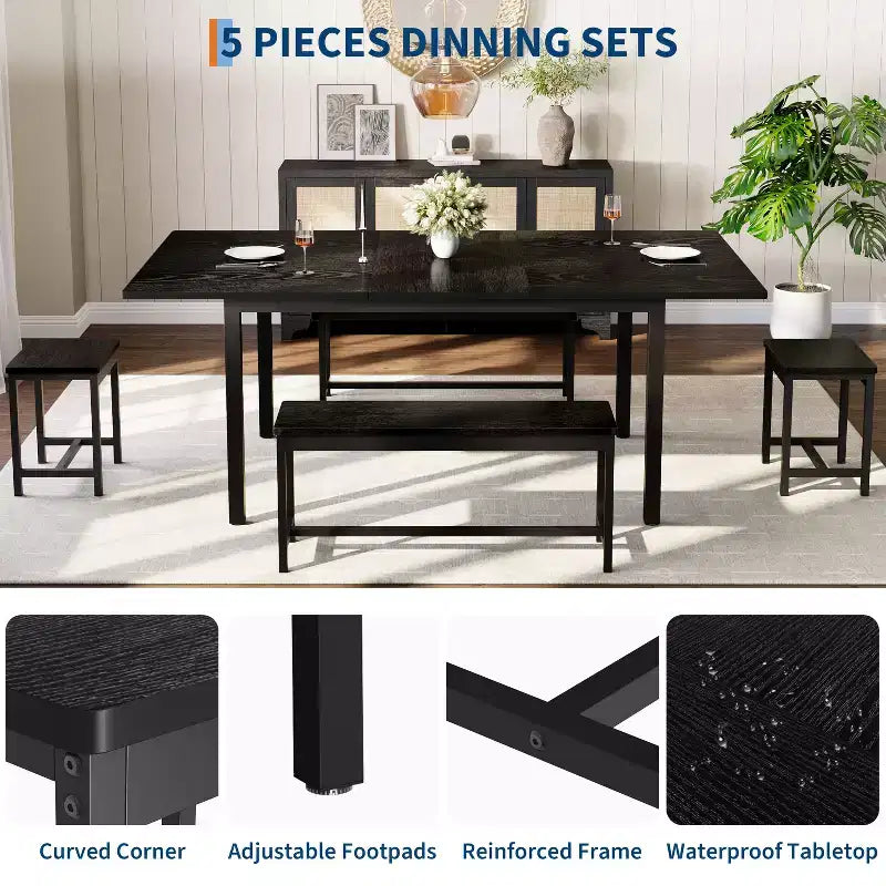 5-Piece Dining Table Set for 4-8 People, 63 Large Extendable Kitchen Table Set with 2 Benches and 2 Square Stools, Easy Assembly