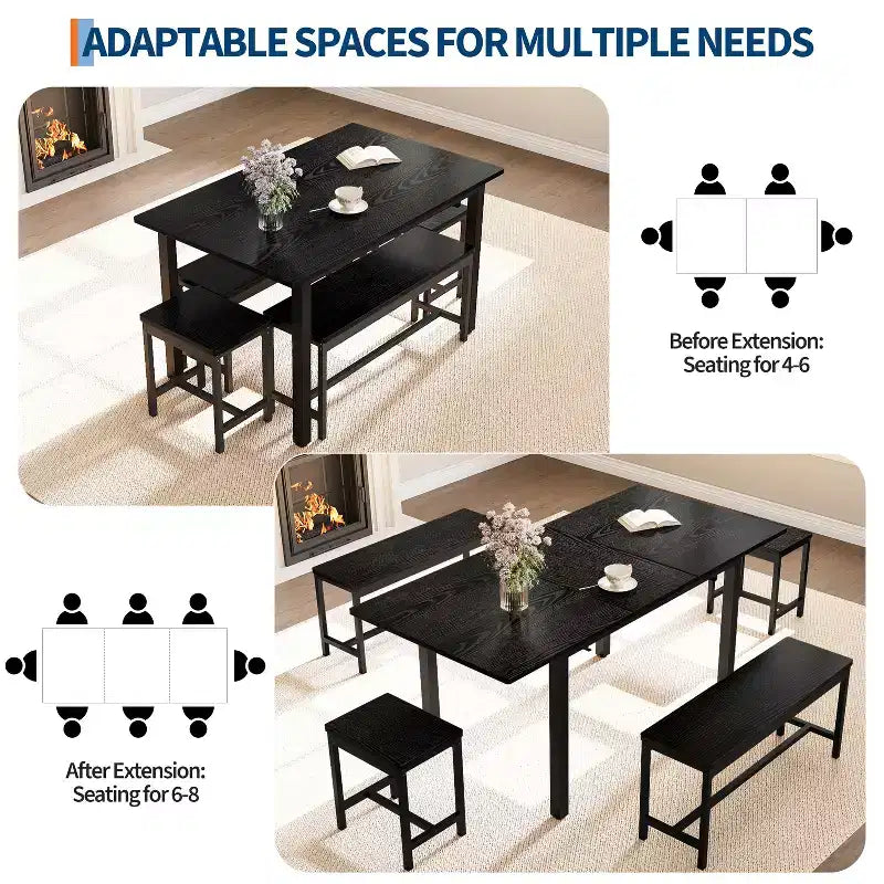 5-Piece Dining Table Set for 4-8 People, 63 Large Extendable Kitchen Table Set with 2 Benches and 2 Square Stools, Easy Assembly