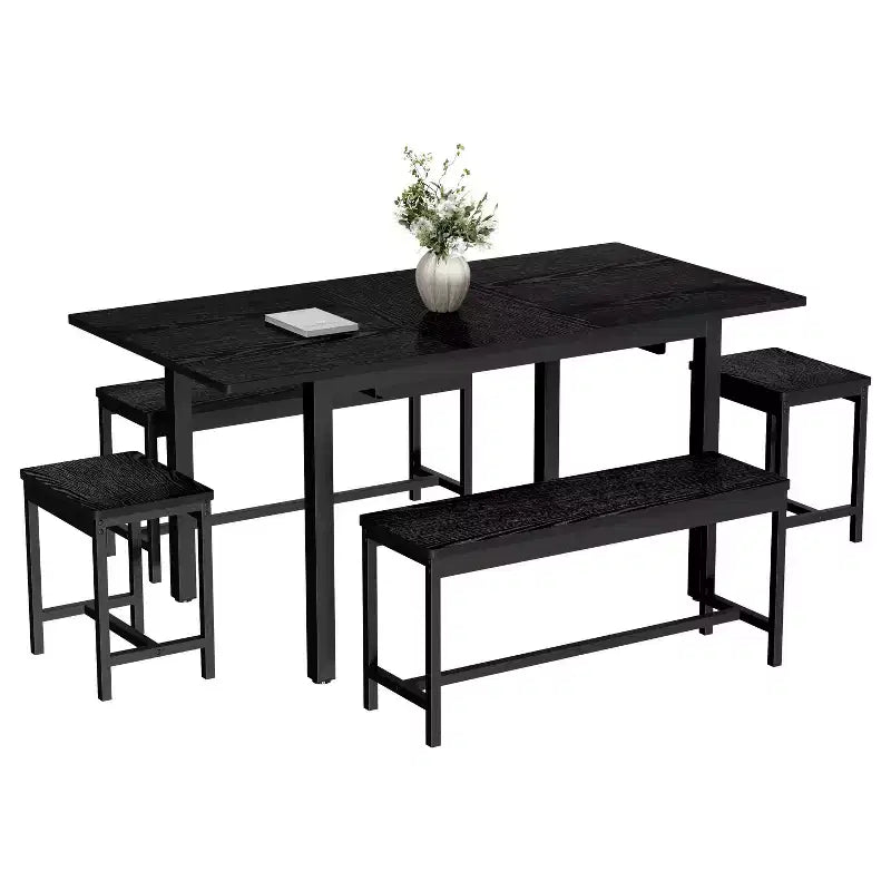 5-Piece Dining Table Set for 4-8 People, 63 Large Extendable Kitchen Table Set with 2 Benches and 2 Square Stools, Easy Assembly
