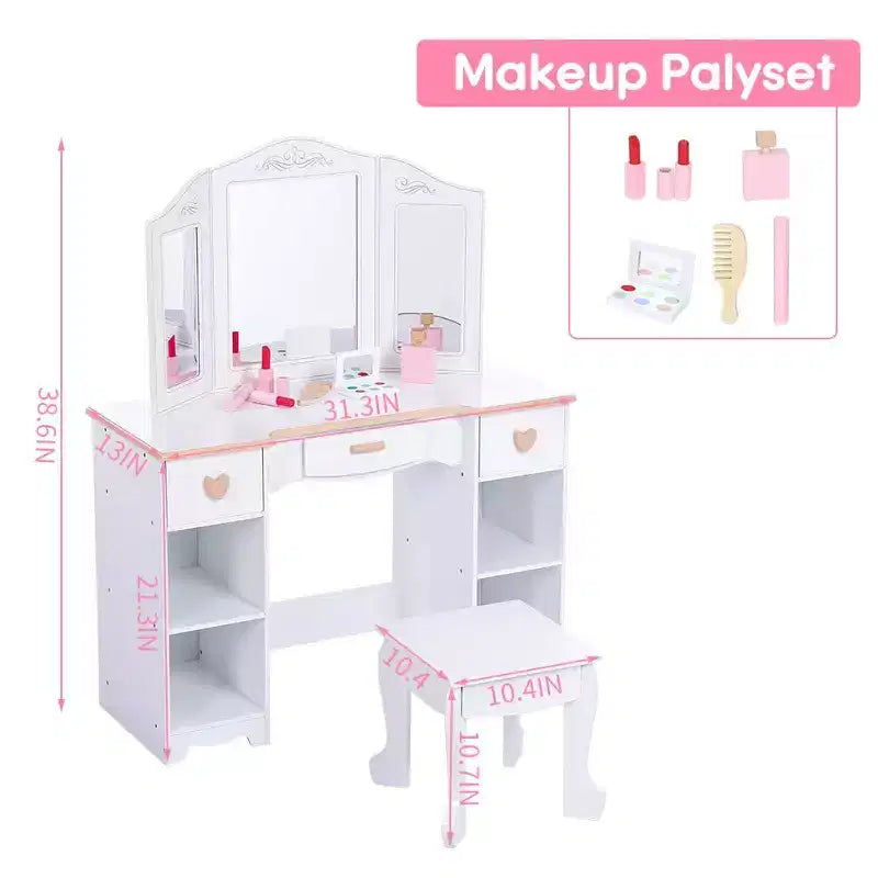 GustoWave Set da Toeletta per Bambine con Specchio e Cassetto - Tavolino da Trucco e Sedia con Playset Trucco in Legno, Perfetto per Bambine di 3-9 Anni, Bianco