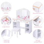 GustoWave Set da Toeletta per Bambine con Specchio e Cassetto - Tavolino da Trucco e Sedia con Playset Trucco in Legno, Perfetto per Bambine di 3-9 Anni, Bianco