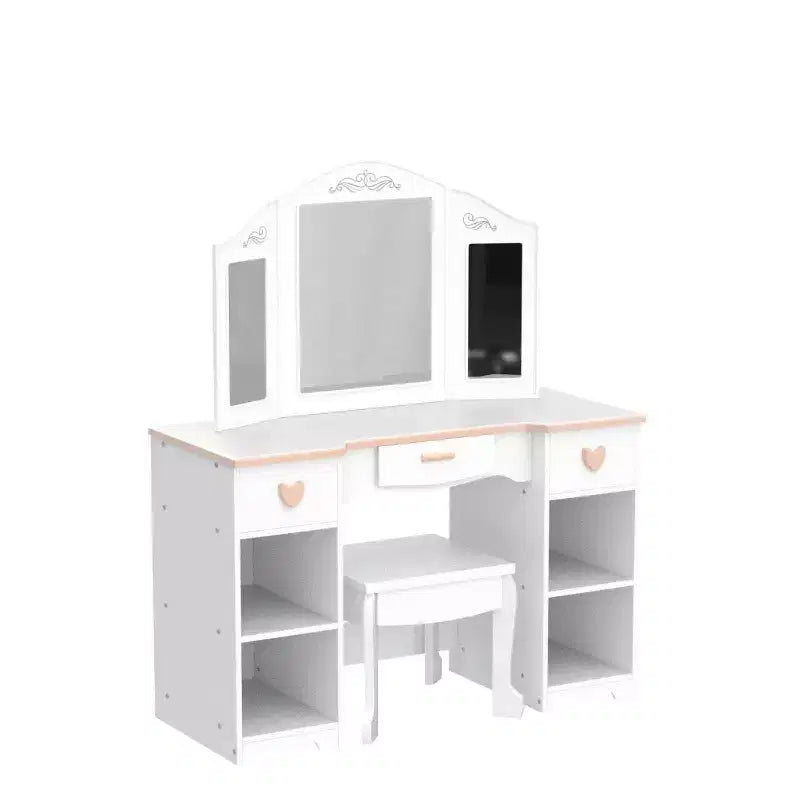 GustoWave Set da Toeletta per Bambine con Specchio e Cassetto - Tavolino da Trucco e Sedia con Playset Trucco in Legno, Perfetto per Bambine di 3-9 Anni, Bianco