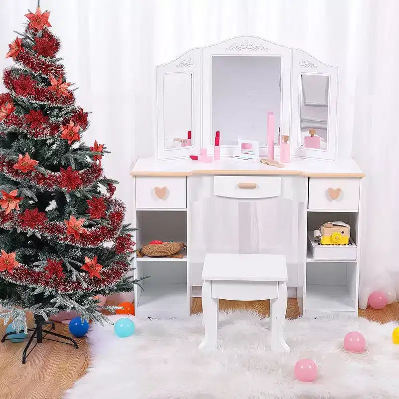 GustoWave Set da Toeletta per Bambine con Specchio e Cassetto - Tavolino da Trucco e Sedia con Playset Trucco in Legno, Perfetto per Bambine di 3-9 Anni, Bianco