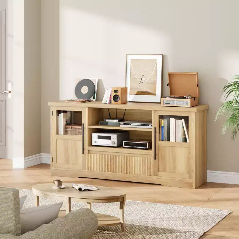 TV Stand Fits TV up to 72'', Wave Pattern Entertainment Center with 2 Glass Door Cabinets, TV Media Console with 2 Open Doors (Natural)