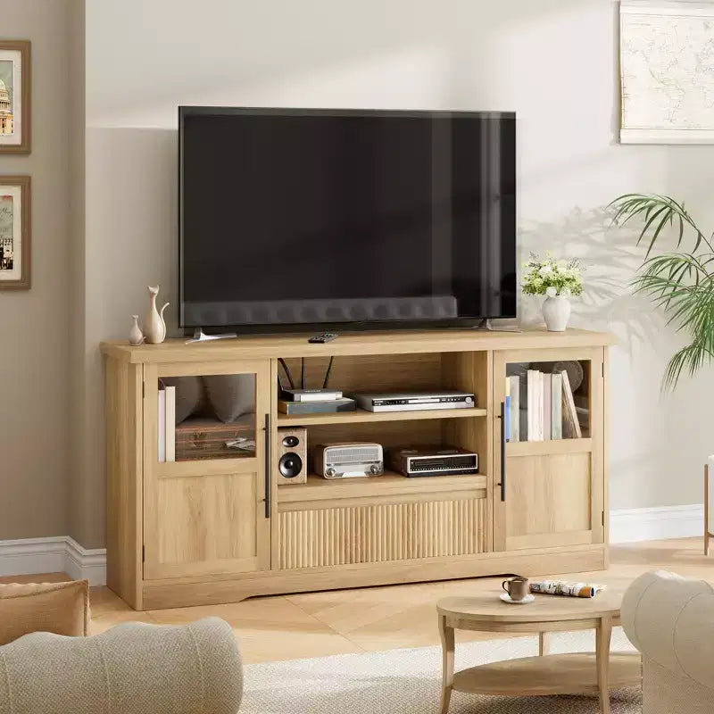 TV Stand Fits TV up to 72'', Wave Pattern Entertainment Center with 2 Glass Door Cabinets, TV Media Console with 2 Open Doors (Natural)