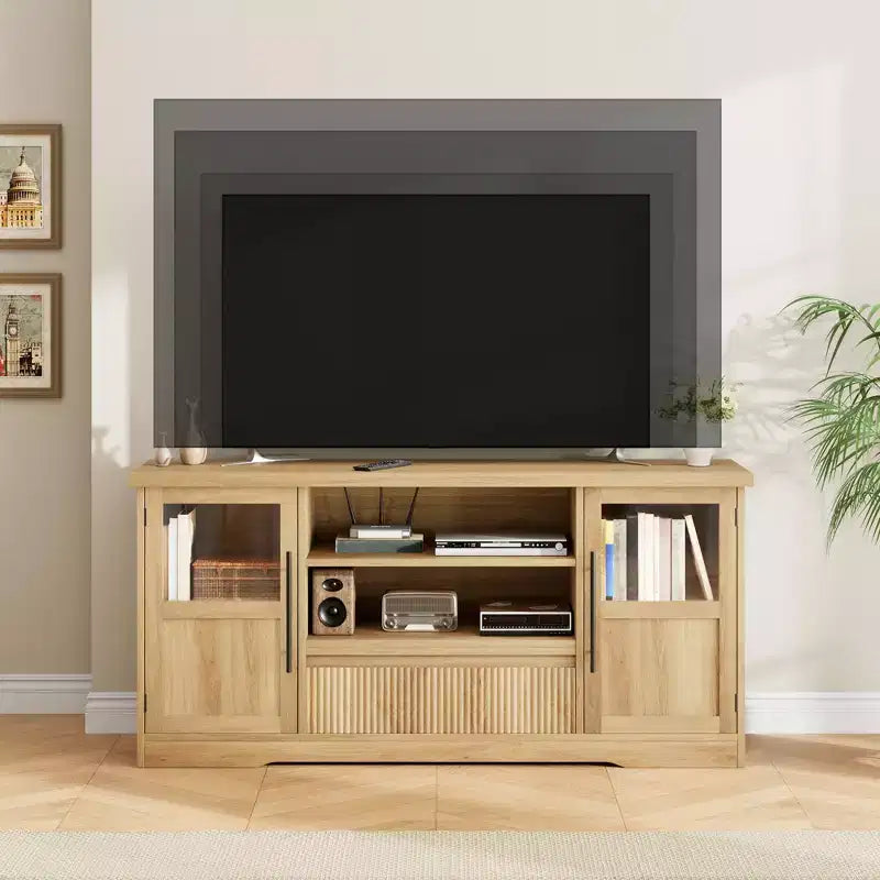 TV Stand Fits TV up to 72'', Wave Pattern Entertainment Center with 2 Glass Door Cabinets, TV Media Console with 2 Open Doors (Natural)