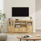 TV Stand Fits TV up to 72'', Wave Pattern Entertainment Center with 2 Glass Door Cabinets, TV Media Console with 2 Open Doors (Natural)