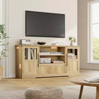TV Stand Fits TV up to 72'', Wave Pattern Entertainment Center with 2 Glass Door Cabinets, TV Media Console with 2 Open Doors (Natural)