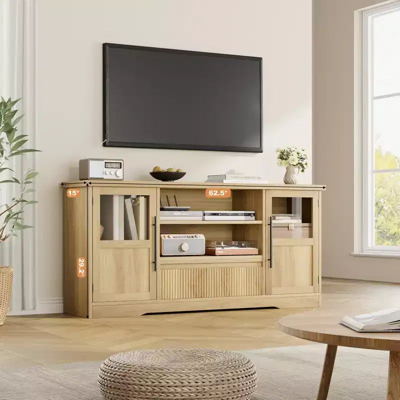 TV Stand Fits TV up to 72'', Wave Pattern Entertainment Center with 2 Glass Door Cabinets, TV Media Console with 2 Open Doors (Natural)