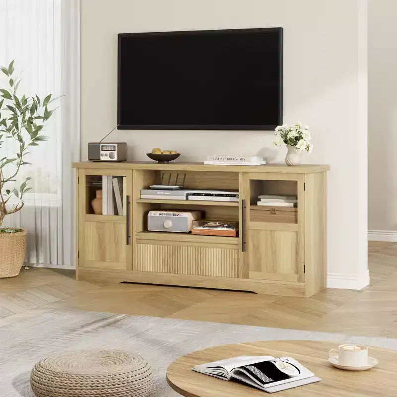 TV Stand Fits TV up to 72'', Wave Pattern Entertainment Center with 2 Glass Door Cabinets, TV Media Console with 2 Open Doors (Natural)
