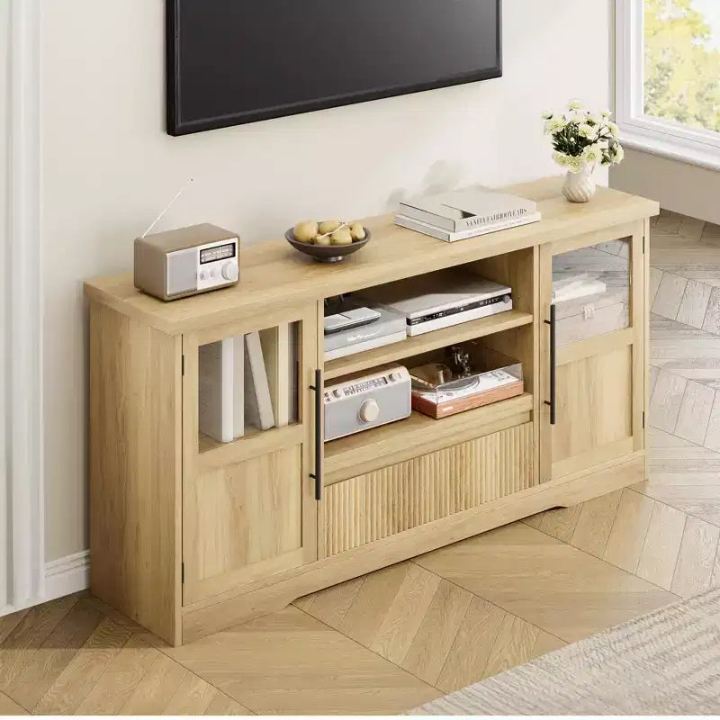 TV Stand Fits TV up to 72'', Wave Pattern Entertainment Center with 2 Glass Door Cabinets, TV Media Console with 2 Open Doors (Natural)