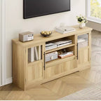 TV Stand Fits TV up to 72'', Wave Pattern Entertainment Center with 2 Glass Door Cabinets, TV Media Console with 2 Open Doors (Natural)