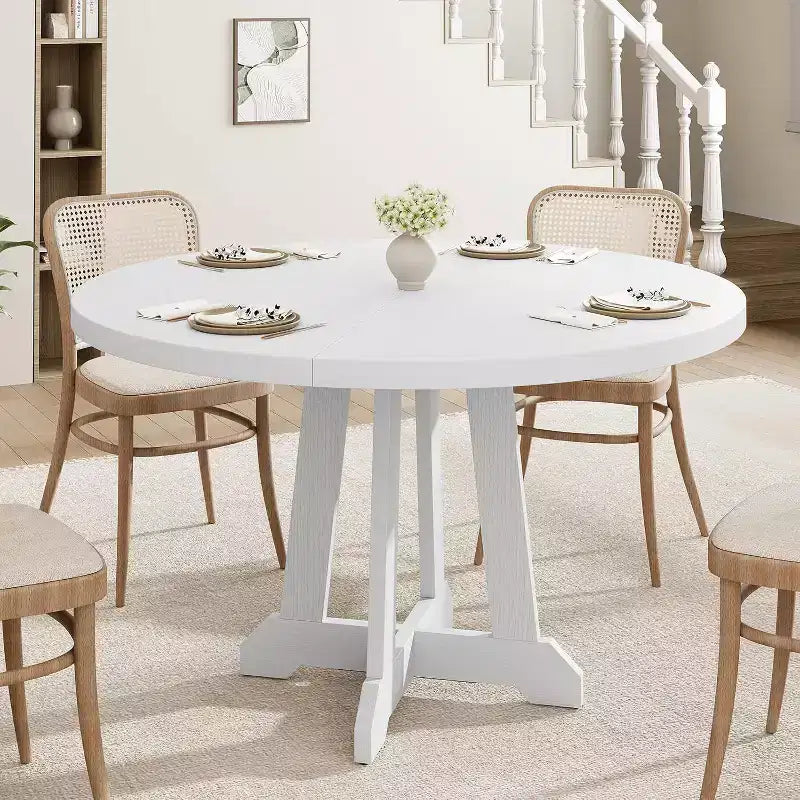 Acekool 47-Inch Round Dining Table, Seats 4, Wood Top with Pedestal Cross Base, Space-Saving Kitchen & Dining Room Table, Farmhouse Style