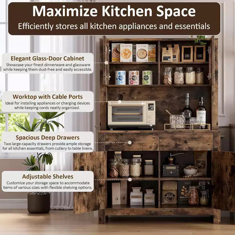 Freestanding Kitchen Pantry Cabinet with Drawers and Hutch, Adjustable Shelves and Microwave Stand, 63-Inch Tall Storage Unit for Dining Rooms