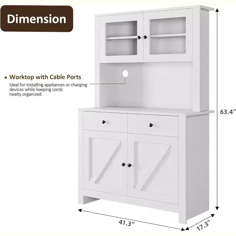 Freestanding Kitchen Pantry Cabinet with Drawers and Hutch, Adjustable Shelves and Microwave Stand, 63-Inch Tall Storage Unit for Dining Rooms