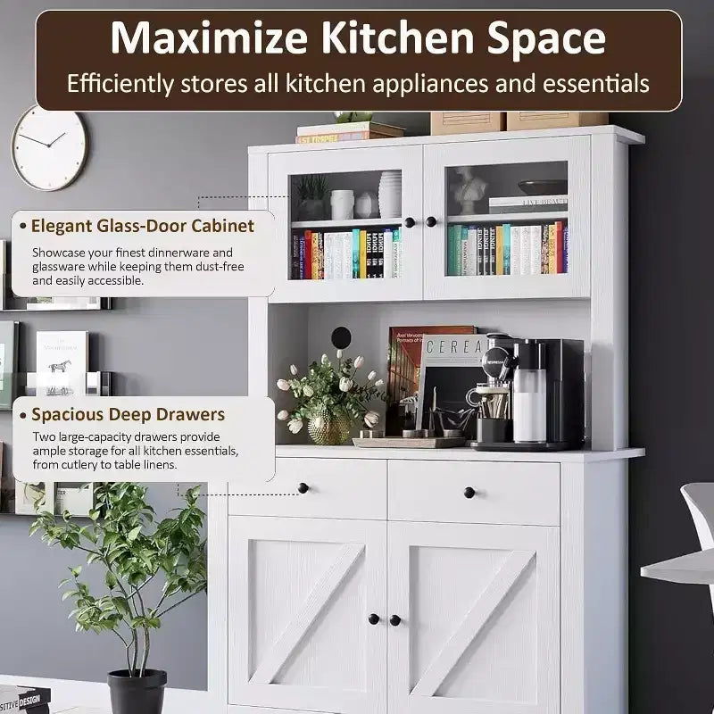 Freestanding Kitchen Pantry Cabinet with Drawers and Hutch, Adjustable Shelves and Microwave Stand, 63-Inch Tall Storage Unit for Dining Rooms