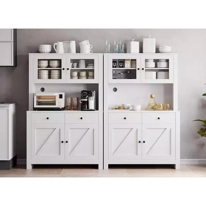 Freestanding Kitchen Pantry Cabinet with Drawers and Hutch, Adjustable Shelves and Microwave Stand, 63-Inch Tall Storage Unit for Dining Rooms