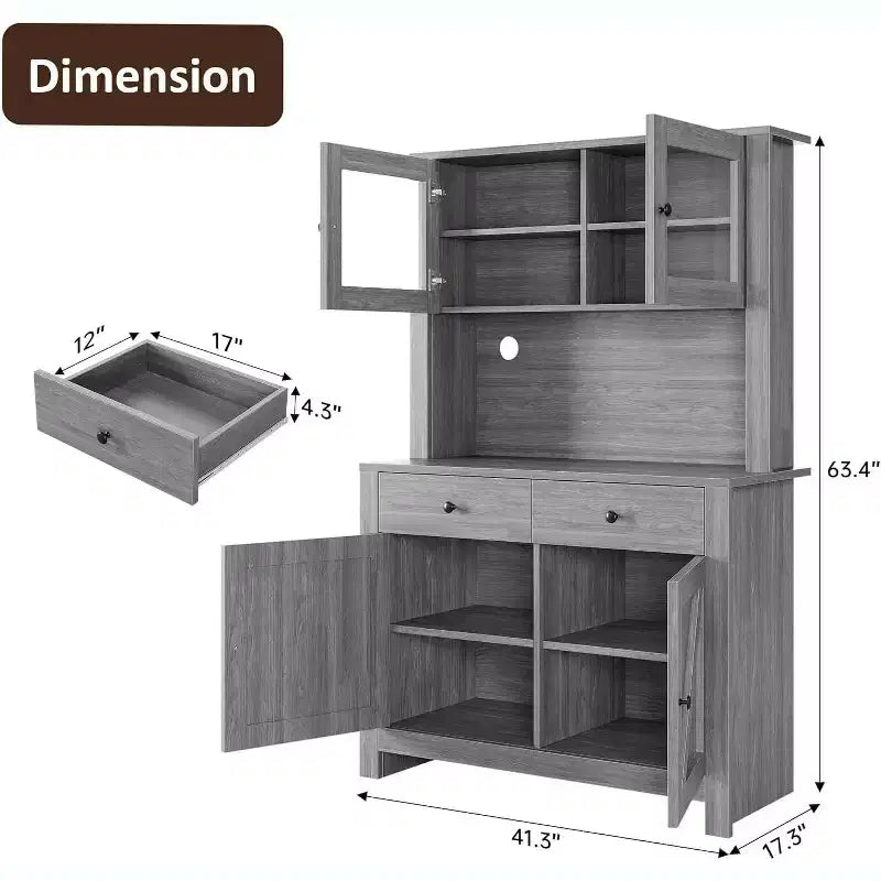 Freestanding Kitchen Pantry Cabinet with Drawers and Hutch, Adjustable Shelves and Microwave Stand, 63-Inch Tall Storage Unit for Dining Rooms