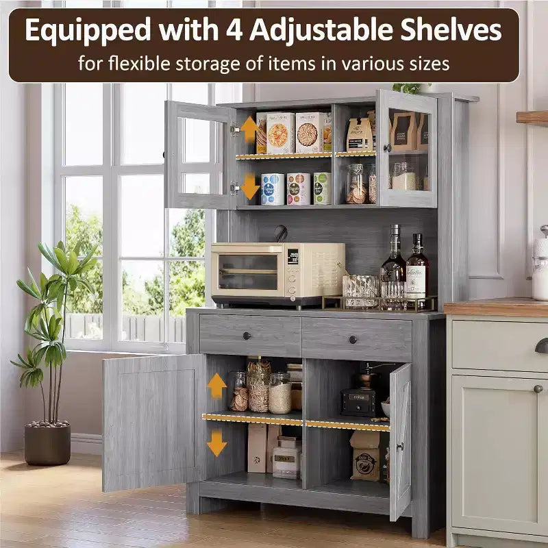 Freestanding Kitchen Pantry Cabinet with Drawers and Hutch, Adjustable Shelves and Microwave Stand, 63-Inch Tall Storage Unit for Dining Rooms
