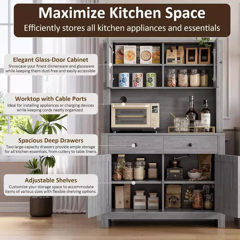Freestanding Kitchen Pantry Cabinet with Drawers and Hutch, Adjustable Shelves and Microwave Stand, 63-Inch Tall Storage Unit for Dining Rooms