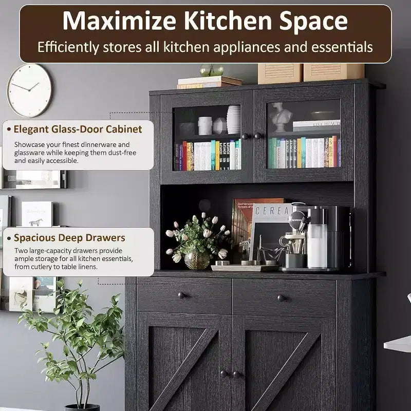Freestanding Kitchen Pantry Cabinet with Drawers and Hutch, Adjustable Shelves and Microwave Stand, 63-Inch Tall Storage Unit for Dining Rooms