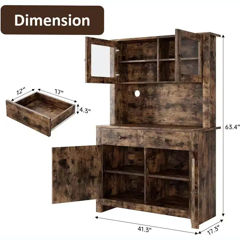 Freestanding Kitchen Pantry Cabinet with Drawers and Hutch, Adjustable Shelves and Microwave Stand, 63-Inch Tall Storage Unit for Dining Rooms