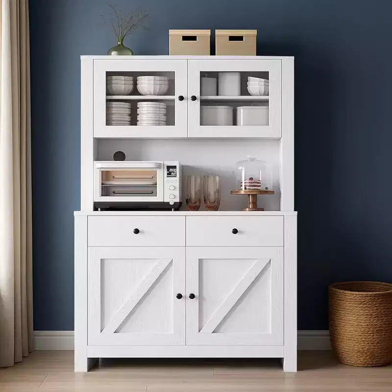 Freestanding Kitchen Pantry Cabinet with Drawers and Hutch, Adjustable Shelves and Microwave Stand, 63-Inch Tall Storage Unit for Dining Rooms
