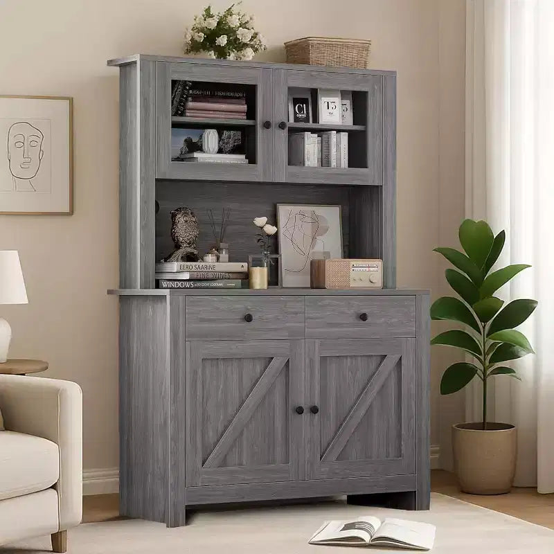 Freestanding Kitchen Pantry Cabinet with Drawers and Hutch, Adjustable Shelves and Microwave Stand, 63-Inch Tall Storage Unit for Dining Rooms